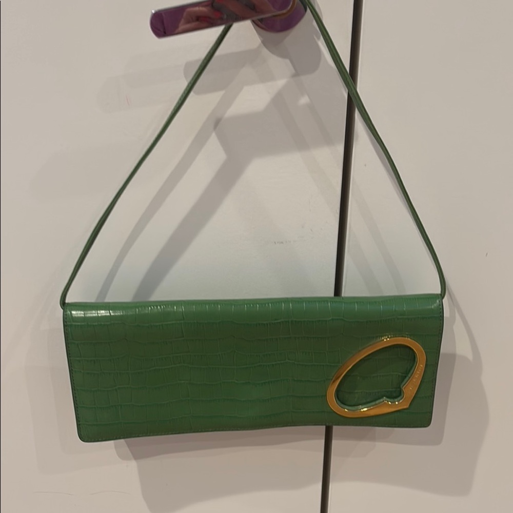 Charriol Green Crocodile Embossed Clutch/removable strap  with Gold Accent